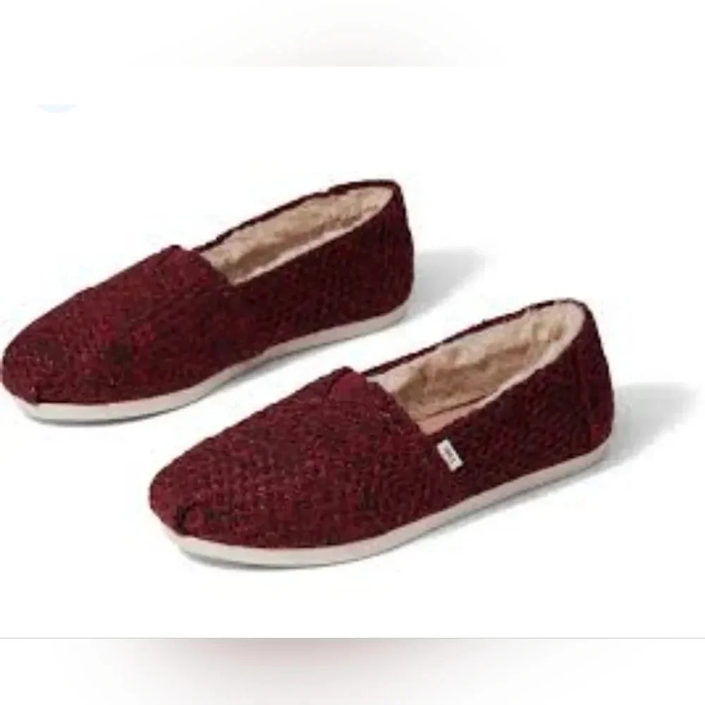 TOMS Alpargata Heathered Red Faux Fur Lined Slip On Flats Shoes 7
